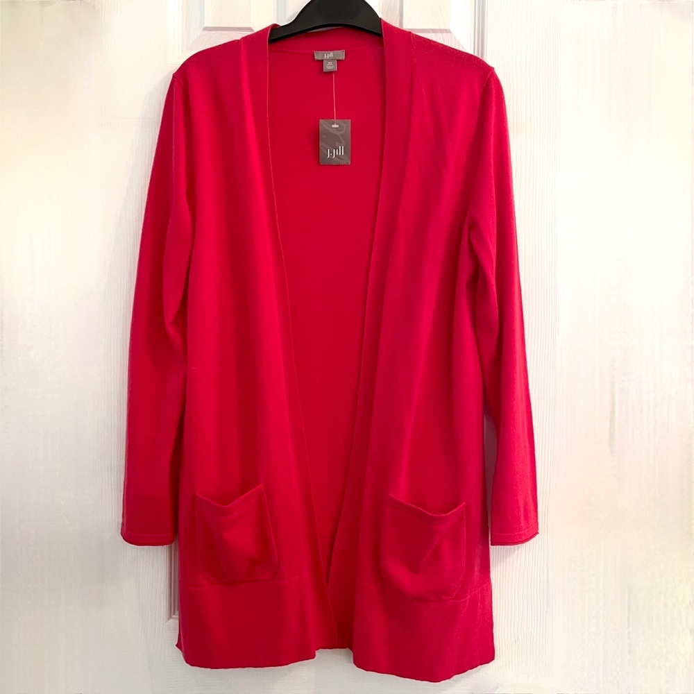 J. Jill XSP long cardigan red Hibiscus luxe 100% cotton NWT